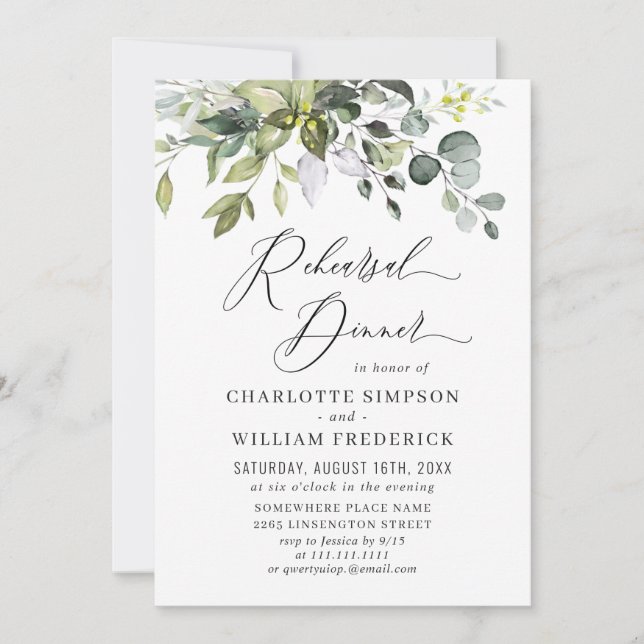 Invitation Aquarelle Eucalyptus Dîner de répétition de verdur (Devant)