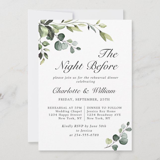 Invitation Aquarelle Eucalyptus Dîner de répétition de verdur (Devant)