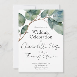 Invitation Aquarelle eucalyptus doux vert turquoise Mariage