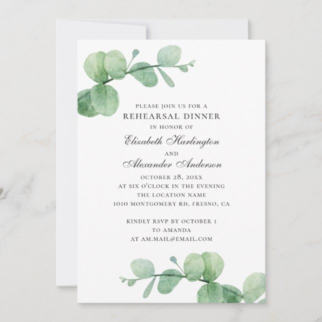 Invitation Aquarelle eucalyptus élégant dîner de répétition (Devant)