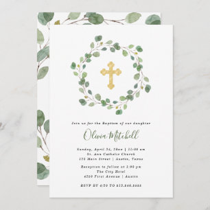 Invitation Aquarelle Eucalyptus et Gold Cross Baptême