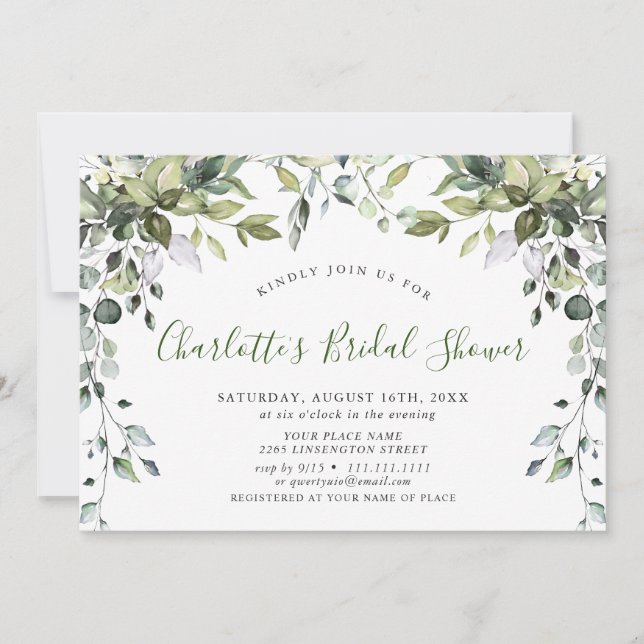 Invitation Aquarelle Eucalyptus Fête des mariées verte (Devant)