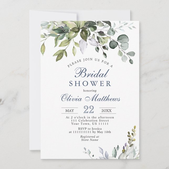 Invitation Aquarelle Eucalyptus Fête des mariées verte (Devant)
