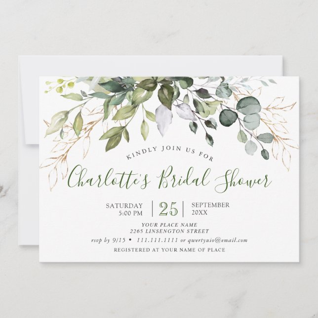 Invitation Aquarelle Eucalyptus Fête des mariées verte (Devant)