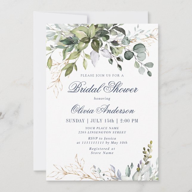 Invitation Aquarelle Eucalyptus Fête des mariées verte (Devant)