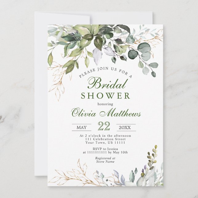 Invitation Aquarelle Eucalyptus Fête des mariées verte (Devant)