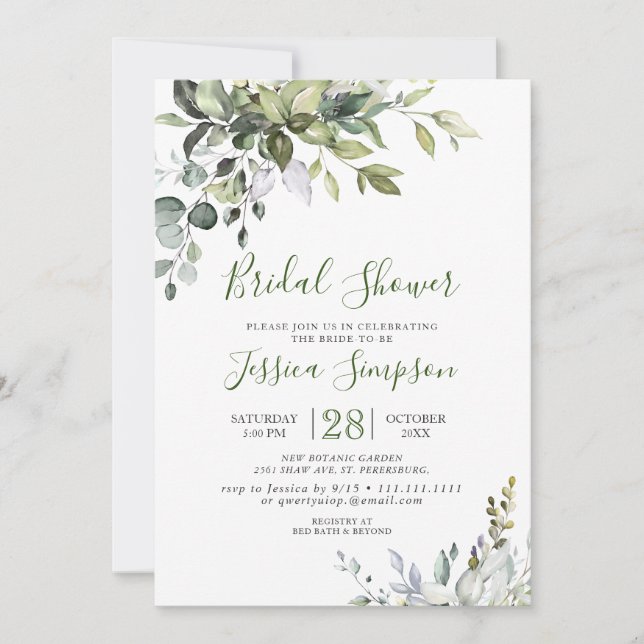 Invitation Aquarelle Eucalyptus Fête des mariées verte (Devant)