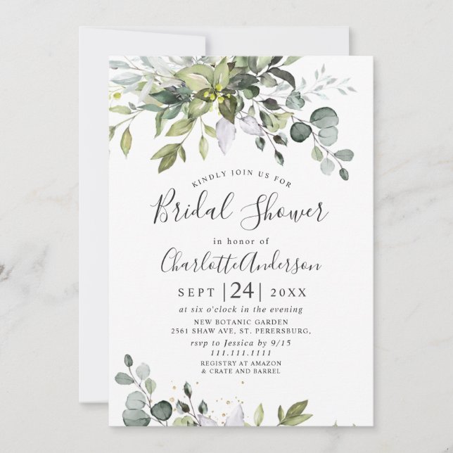 Invitation Aquarelle Eucalyptus Fête des mariées verte (Devant)