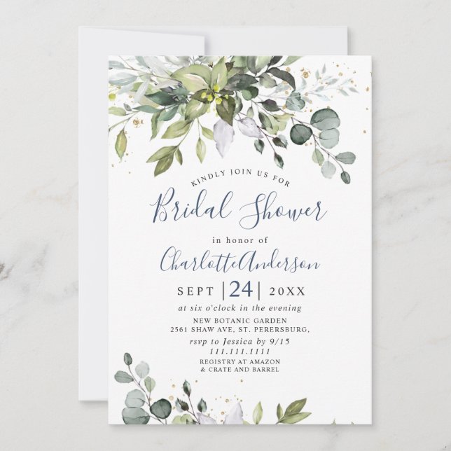 Invitation Aquarelle Eucalyptus Fête des mariées verte (Devant)