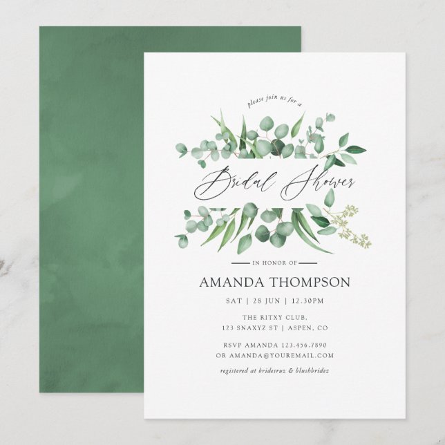 Invitation Aquarelle Eucalyptus Fête des mariées verte (Devant / Derrière)