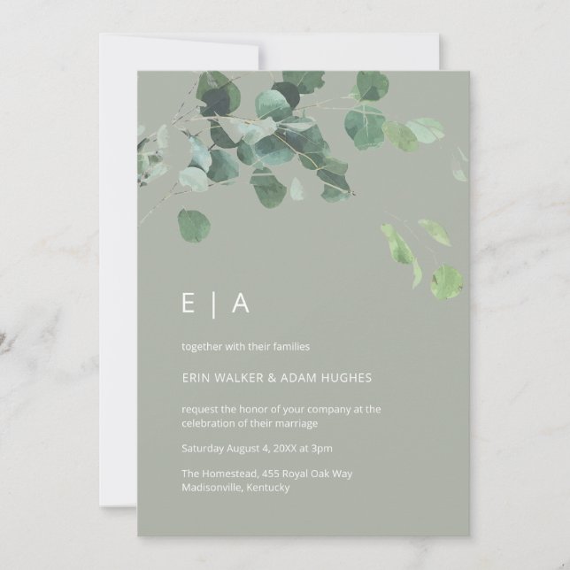 Invitation Aquarelle eucalyptus feuille moderne mariage vert  (Devant)