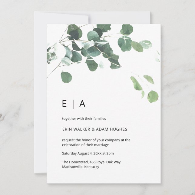Invitation Aquarelle eucalyptus feuille police moderne mariag (Devant)