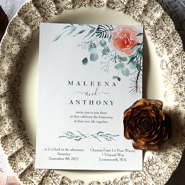 Invitation Aquarelle Eucalyptus Feuilles, Rose rose, Hiver no (Winter Pink Rose with Eucalyptus Leaves, Pine Needles Wedding Invitation Painted in Watercolor)