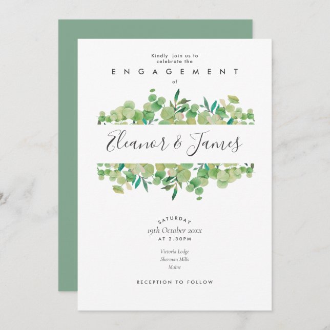 Invitation Aquarelle Eucalyptus Fiançailles de verdure (Devant / Derrière)