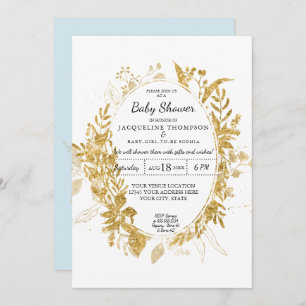 Invitation Aquarelle Eucalyptus Foliage Garçon Bleu w Or