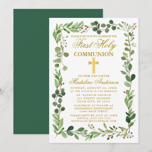 Invitation Aquarelle Eucalyptus Frame Gold Première communion
