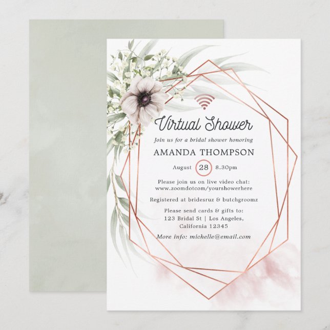 Invitation Aquarelle Eucalyptus Géométrique Douche virtuelle (Devant / Derrière)