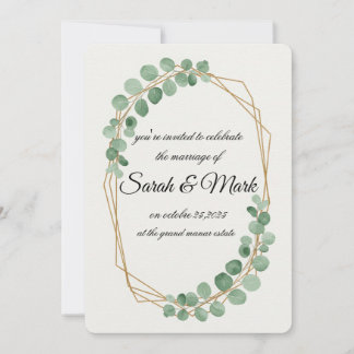 Invitation Aquarelle Eucalyptus Gold Mariage géométrique