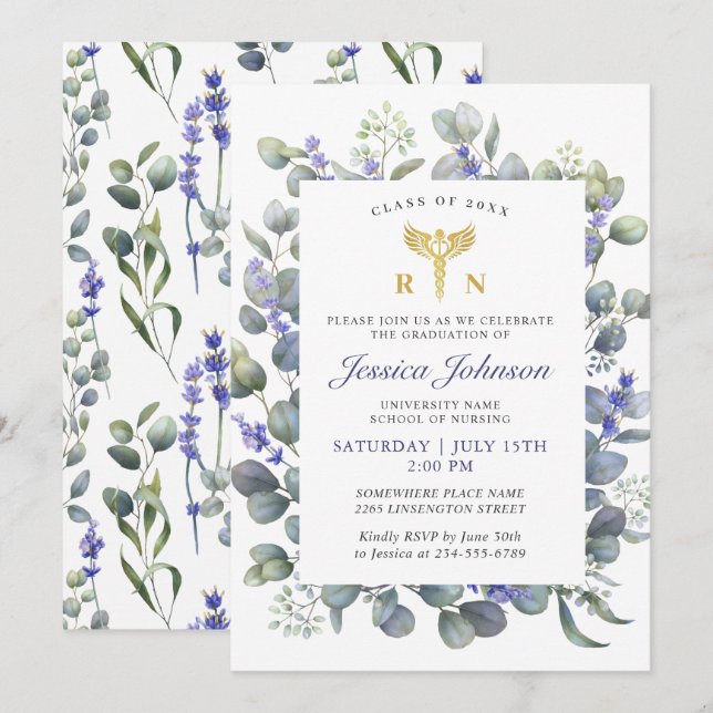 Invitation Aquarelle Eucalyptus Lavender Diplôme en soins inf (Devant / Derrière)
