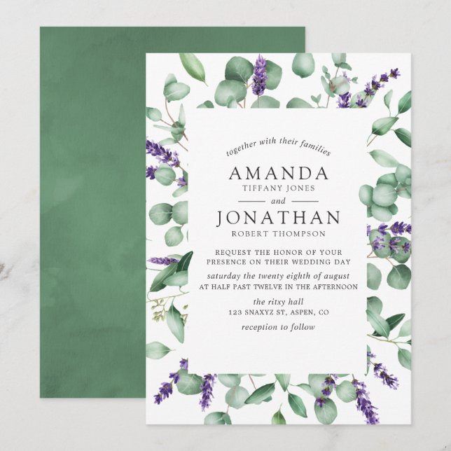 Invitation Aquarelle Eucalyptus Lavender Mariage de verdure (Devant / Derrière)