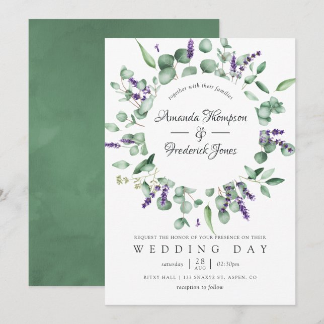 Invitation Aquarelle Eucalyptus Lavender Mariage de verdure (Devant / Derrière)