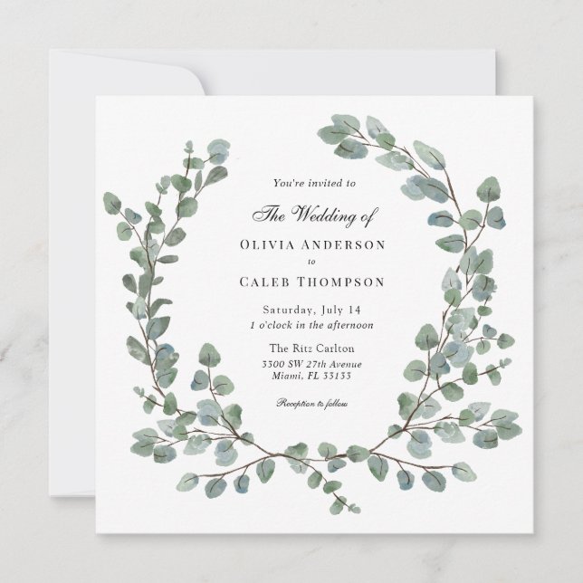 Invitation Aquarelle Eucalyptus Mariage de couronne (Devant)
