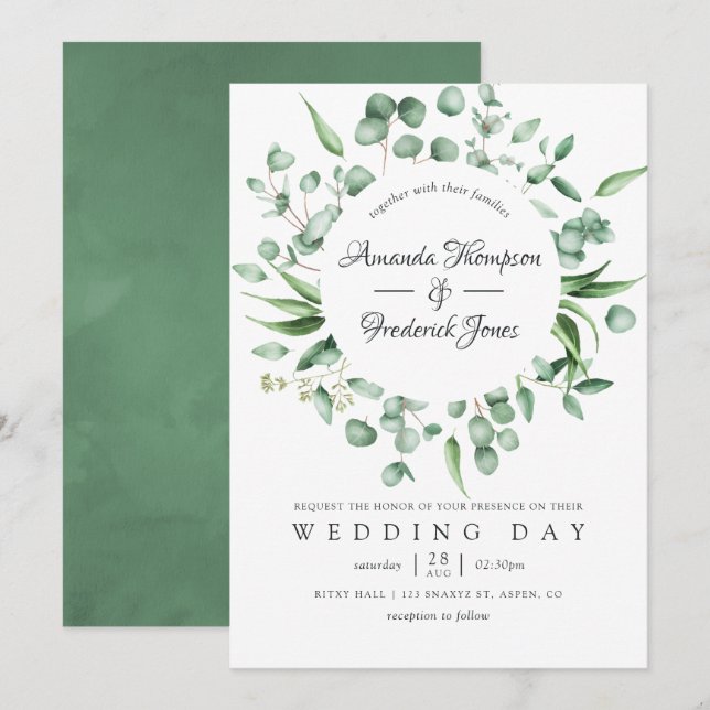 Invitation Aquarelle Eucalyptus Mariage de verdure (Devant / Derrière)