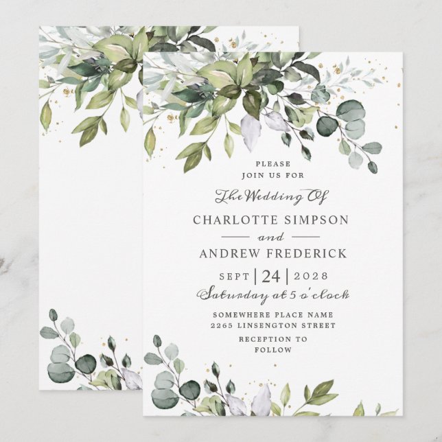 Invitation Aquarelle Eucalyptus Mariage de verdure (Devant / Derrière)