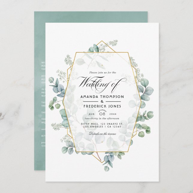 Invitation Aquarelle Eucalyptus Mariage géométrique (Devant / Derrière)