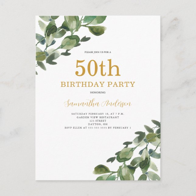 Invitation aquarelle eucalyptus pour 50e anniversa (Devant)
