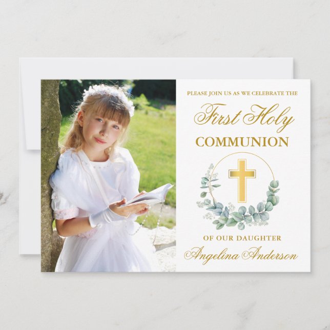 Invitation Aquarelle Eucalyptus Première Communion Gold Photo (Devant)