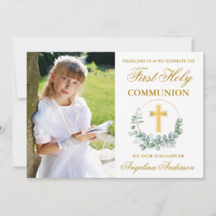 Invitation Aquarelle Eucalyptus Première Communion Gold Photo