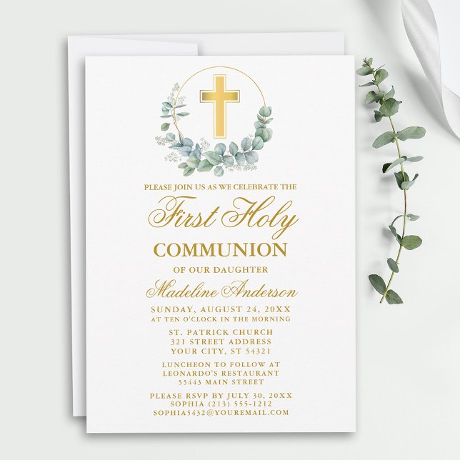 Invitation Aquarelle Eucalyptus Première Communion Or (Customize to change text size, style, color or to add more text or photos to back of card.)