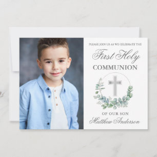 Invitation Aquarelle Eucalyptus première communion photo en a