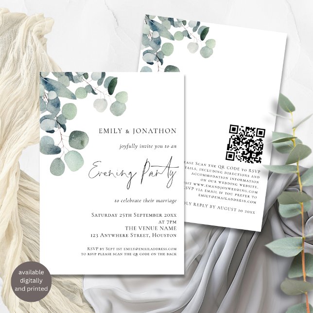 Invitation Aquarelle Eucalyptus QR Code Mariage soirée (Front and back view)