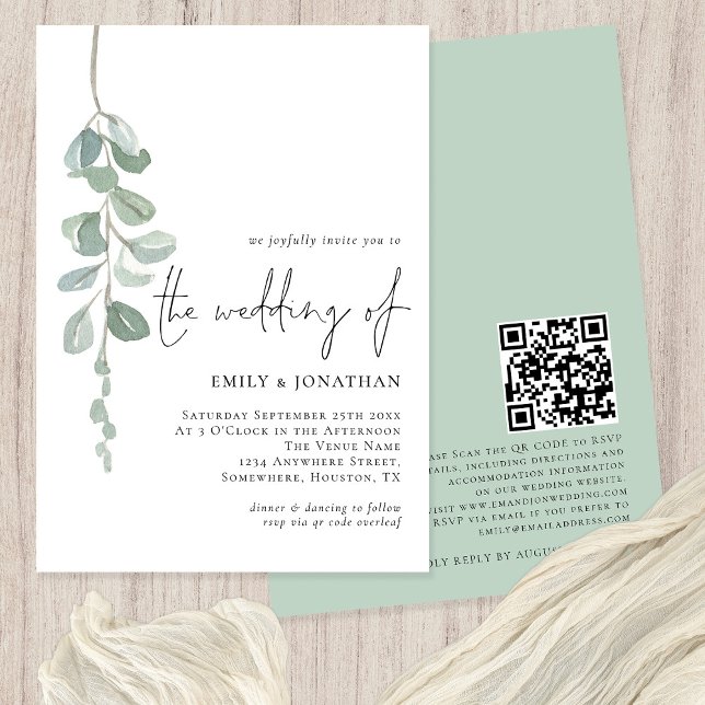Invitation Aquarelle Eucalyptus QR Code Sage Mariage (Créateur téléchargé)