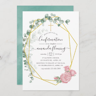 Invitation Aquarelle Eucalyptus Rose Confirmation géométrique