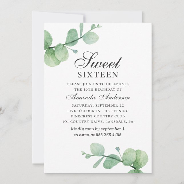 Invitation Aquarelle eucalyptus Sweet 16. Feuillage verdoyant (Devant)