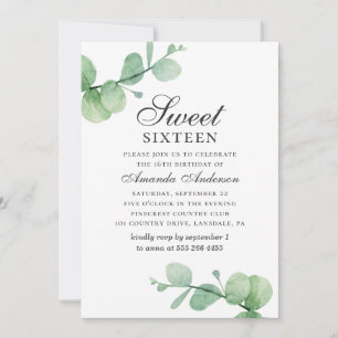 Invitation Aquarelle eucalyptus Sweet 16. Feuillage verdoyant