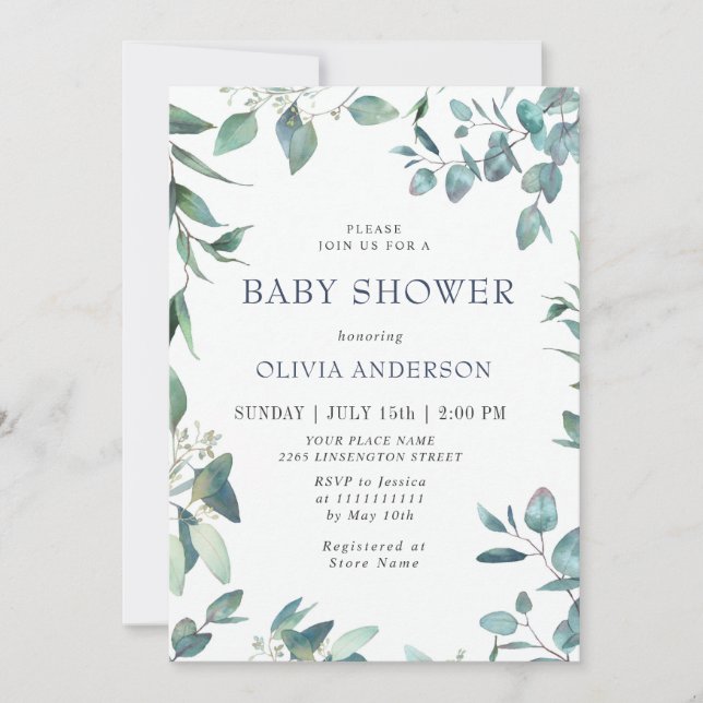 Invitation Aquarelle Eucalyptus Verdure Baby shower NEUTRE (Devant)
