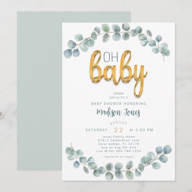 Invitation Aquarelle Eucalyptus Verdure Baby shower Or (Devant / Derrière)