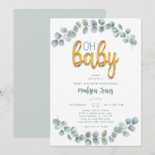 Invitation Aquarelle Eucalyptus Verdure Baby shower Or