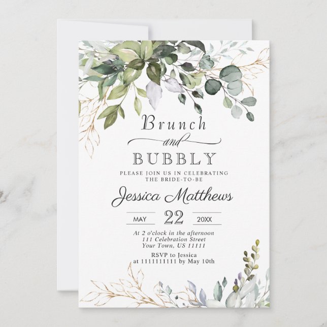 Invitation Aquarelle Eucalyptus Verdure Brunch & Bubbly (Devant)