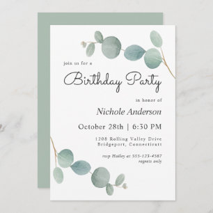 Invitation Aquarelle Eucalyptus Verdure fête d'anniversaire