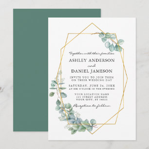 Invitation Aquarelle Eucalyptus Verdure Mariage Gold Frame