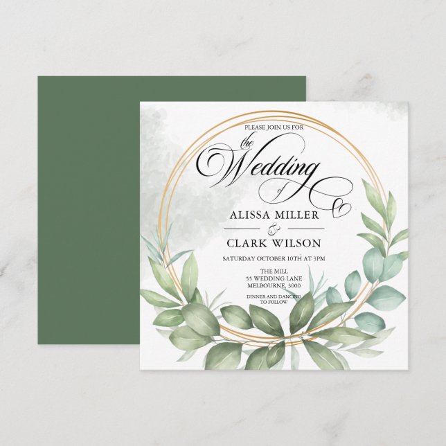 Invitation Aquarelle Eucalyptus Verdure Mariage Gold Frame (Devant / Derrière)