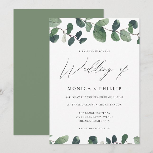 Invitation Aquarelle Eucalyptus Verdure Mariage moderne (Devant / Derrière)