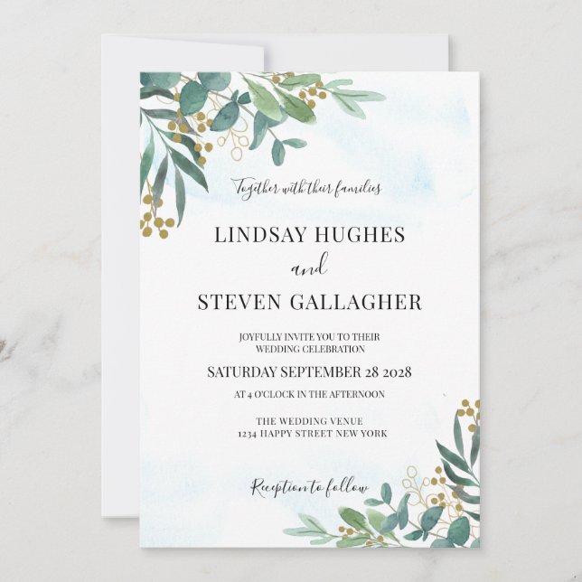 Invitation Aquarelle Eucalyptus Verdure Mariage Or (Devant)