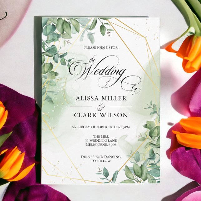 Invitation Aquarelle Eucalyptus Verdure Mariage Or Invita (Créateur téléchargé)