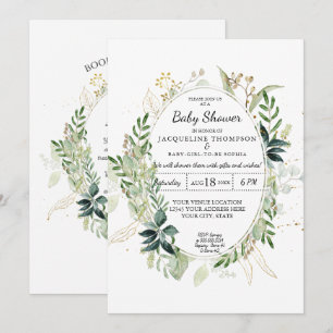 Invitation Aquarelle Eucalyptus Verdure n Baby shower Or